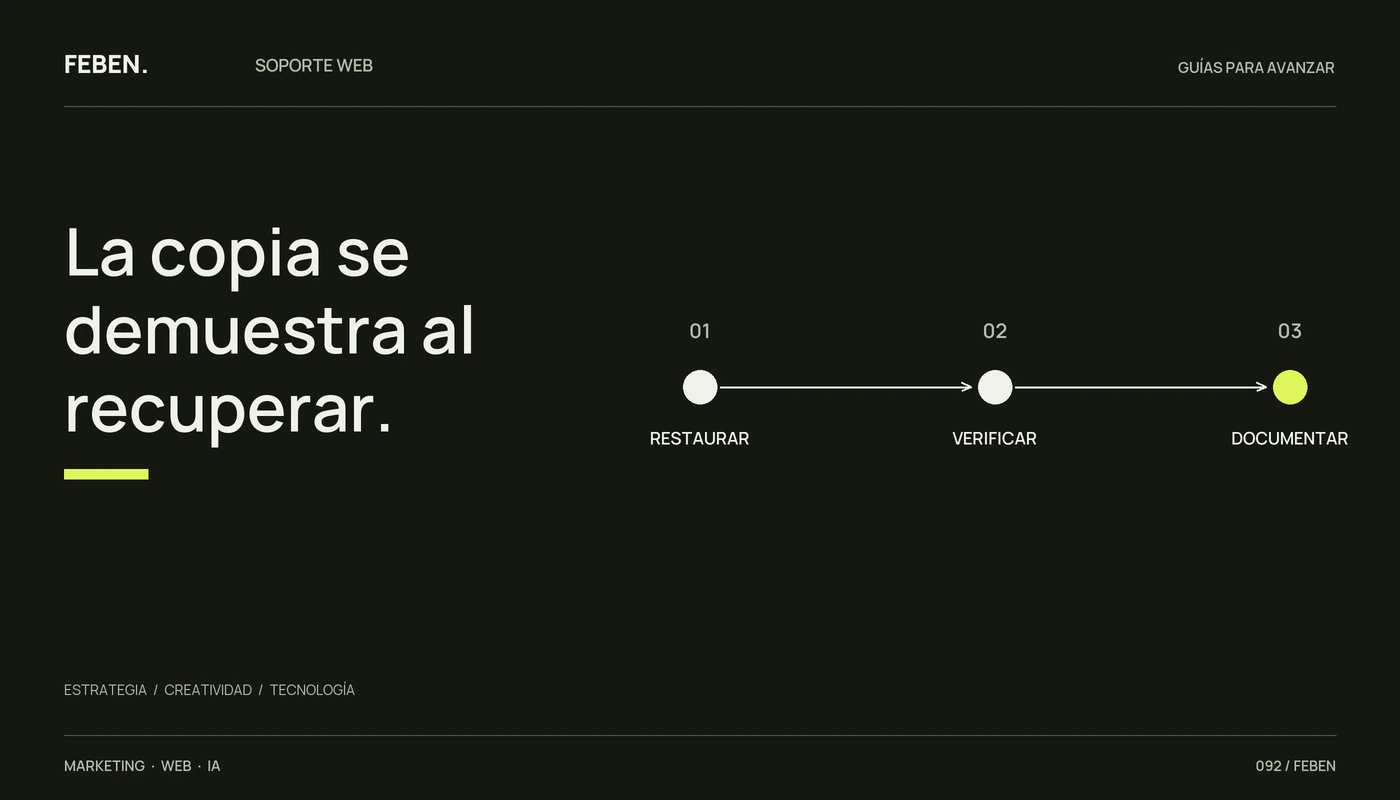 Tres pasos para comprobar una copia de WordPress: restaurar, verificar y documentar.