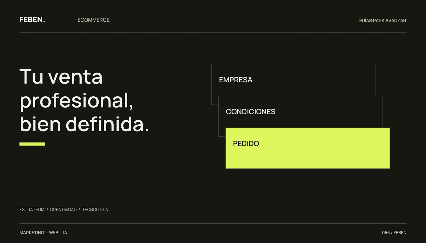 Tres capas de una tienda B2B: empresa, condiciones comerciales y pedido.