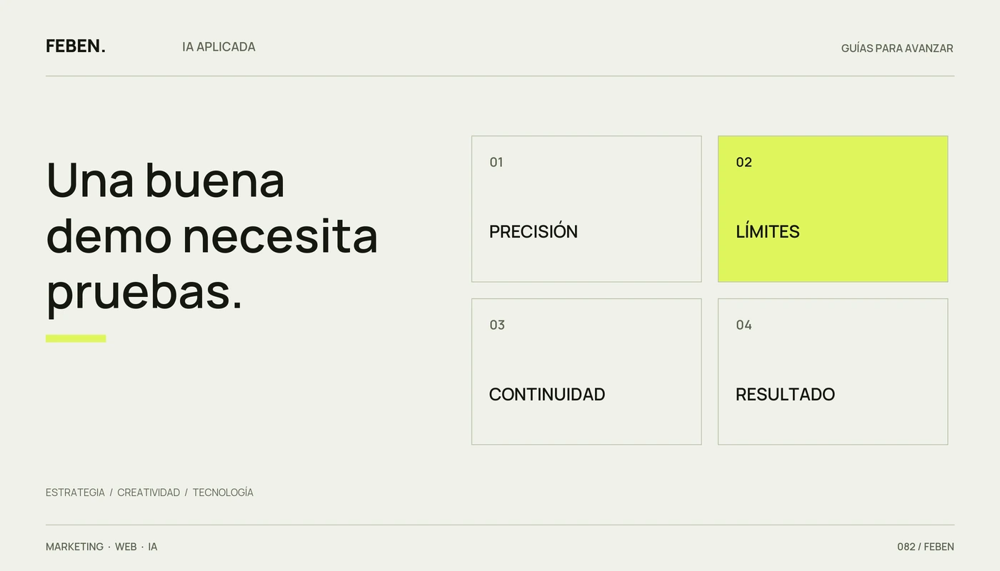 Cuatro comprobaciones de un chatbot: precisión, límites, continuidad y resultado.