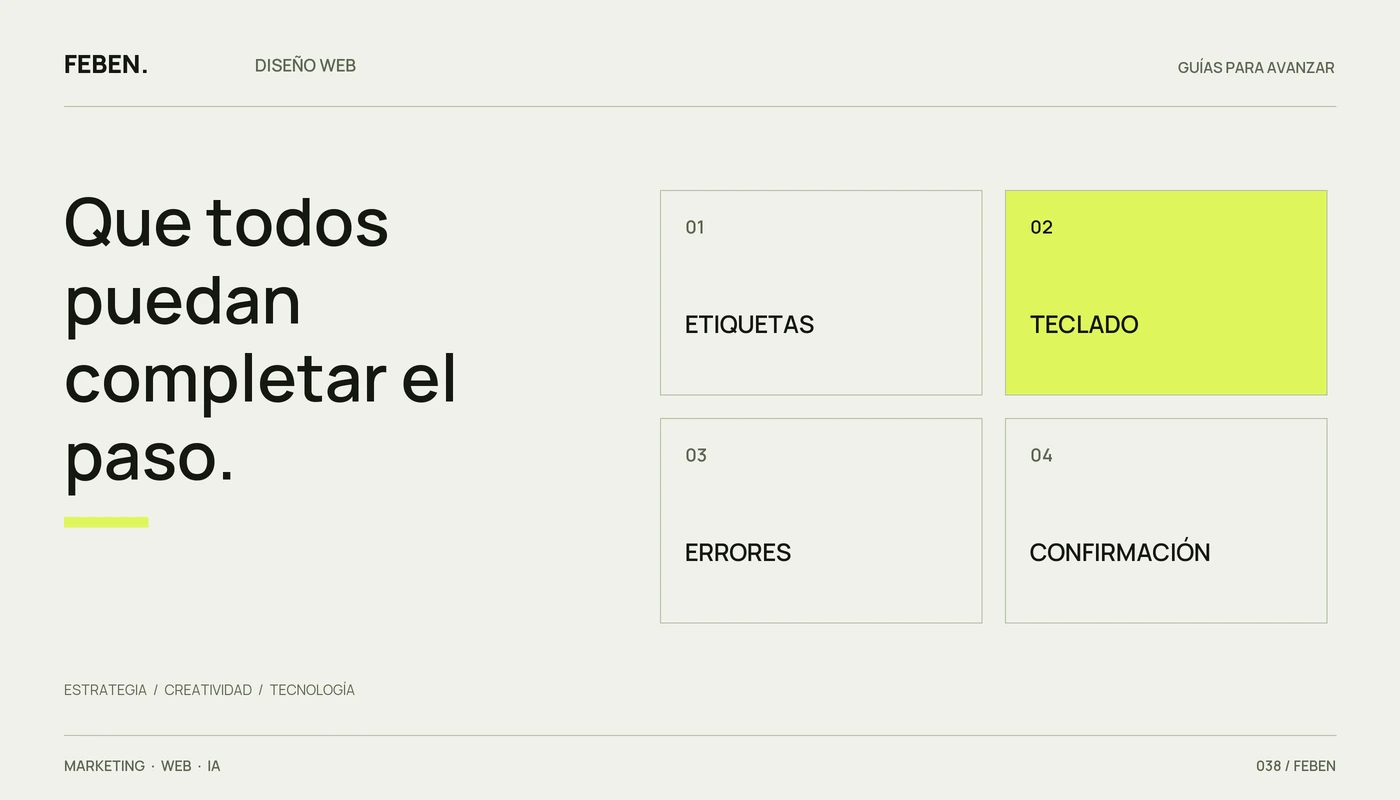 Cuatro aspectos de un formulario accesible: etiquetas, teclado, errores y confirmación.
