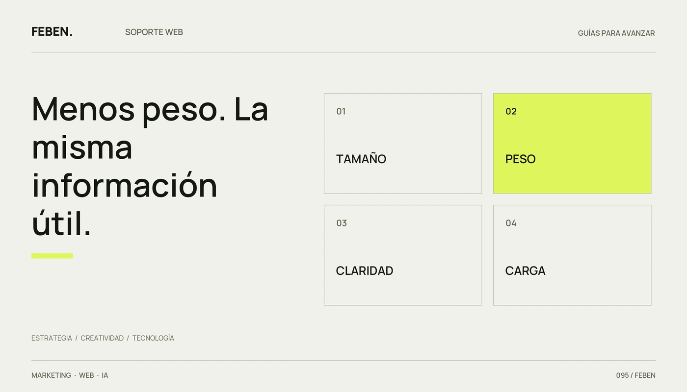 Cuatro aspectos de la optimización de imágenes: tamaño, peso, claridad y carga.