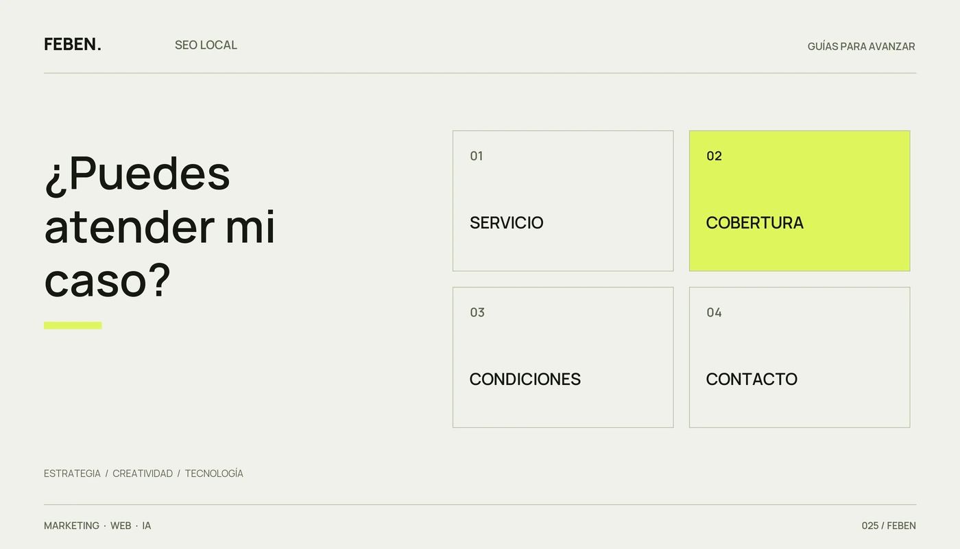 Cuatro preguntas de una página local: servicio, cobertura, condiciones y contacto.