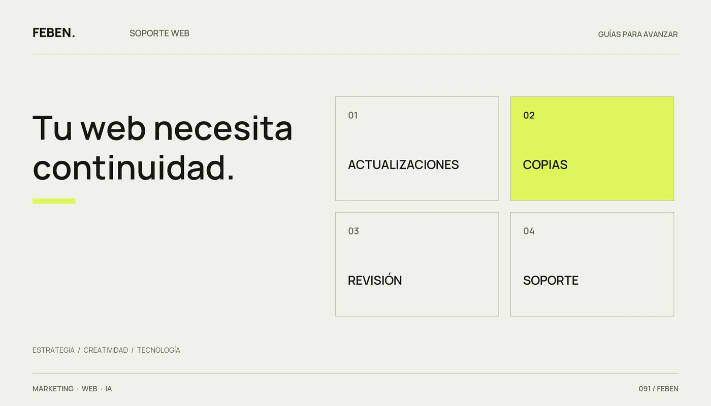 Cuatro áreas de un plan de mantenimiento WordPress: actualizaciones, copias, revisión y soporte.