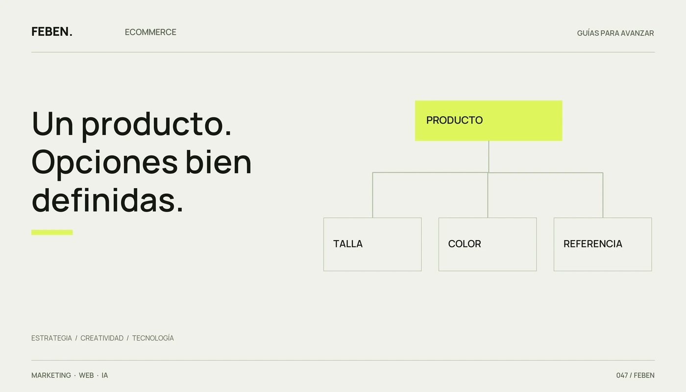 Un producto con variaciones definidas mediante talla, color y referencia.